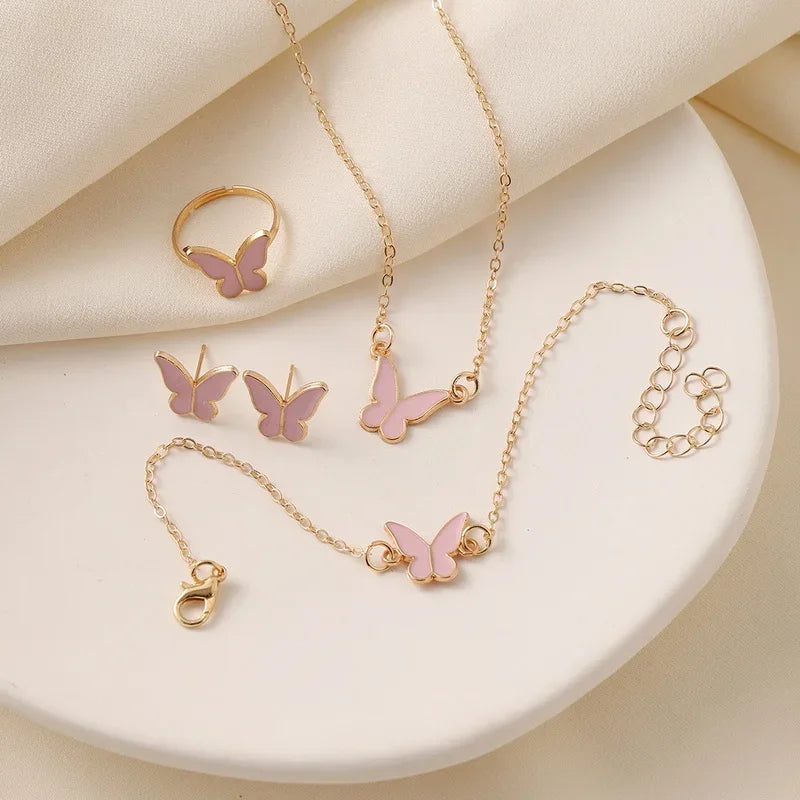 Conjunto de 4 peças de joias requintadas com pingente de borboleta esmaltado feminino