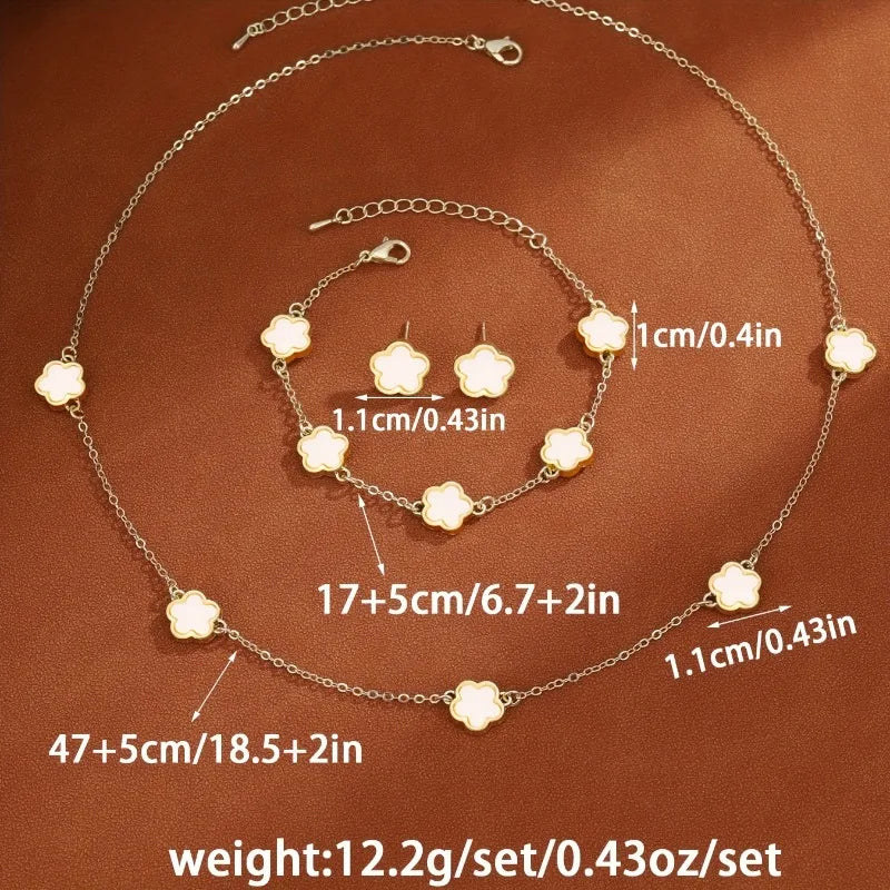 Conjunto de 3 peças de colar e pulseira com flor de cinco pétalas da sorte, conjunto de brincos para mulheres