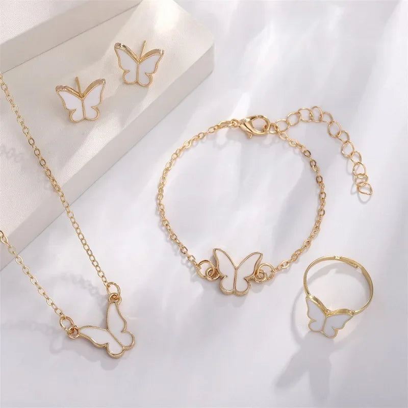 Conjunto de 4 peças de joias requintadas com pingente de borboleta esmaltado feminino