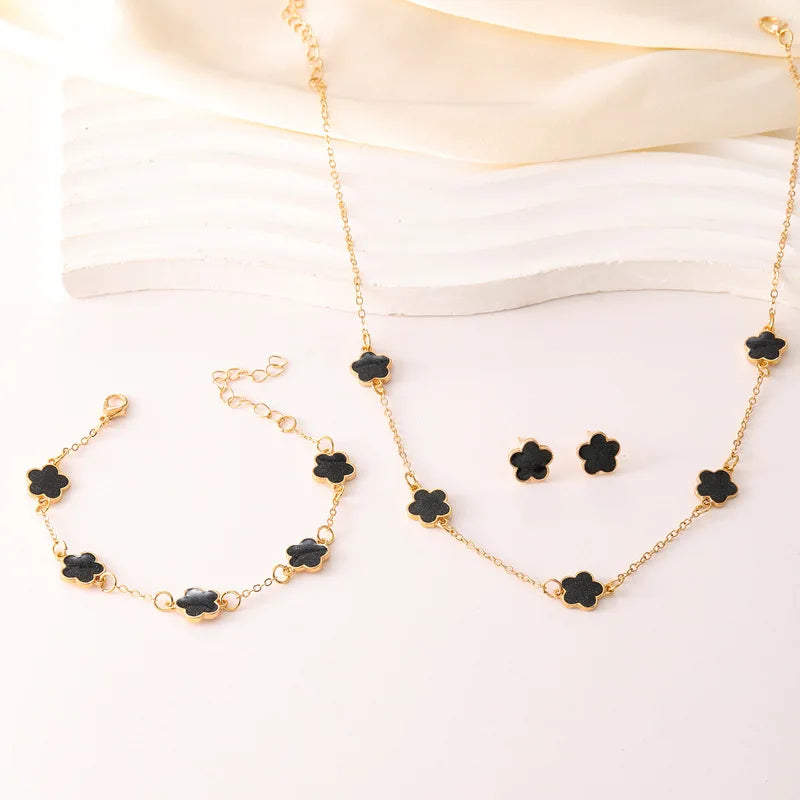 Conjunto de 3 peças de colar e pulseira com flor de cinco pétalas da sorte, conjunto de brincos para mulheres