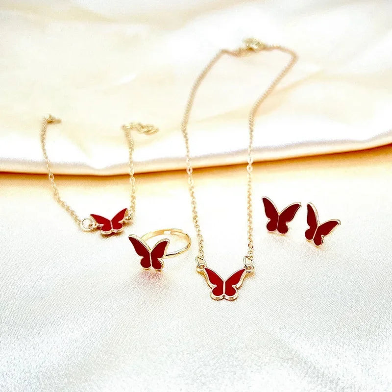 Conjunto de 4 peças de joias requintadas com pingente de borboleta esmaltado feminino