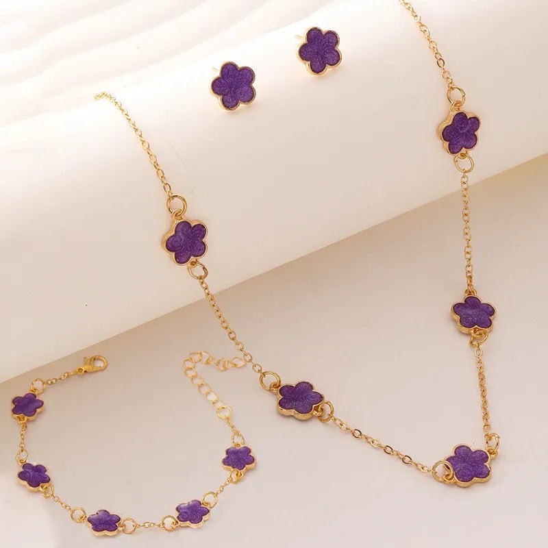 Conjunto de 3 peças de colar e pulseira com flor de cinco pétalas da sorte, conjunto de brincos para mulheres
