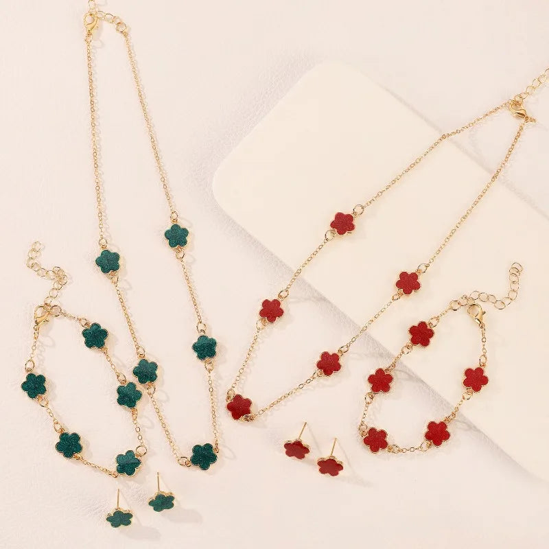 Conjunto de 3 peças de colar e pulseira com flor de cinco pétalas da sorte, conjunto de brincos para mulheres