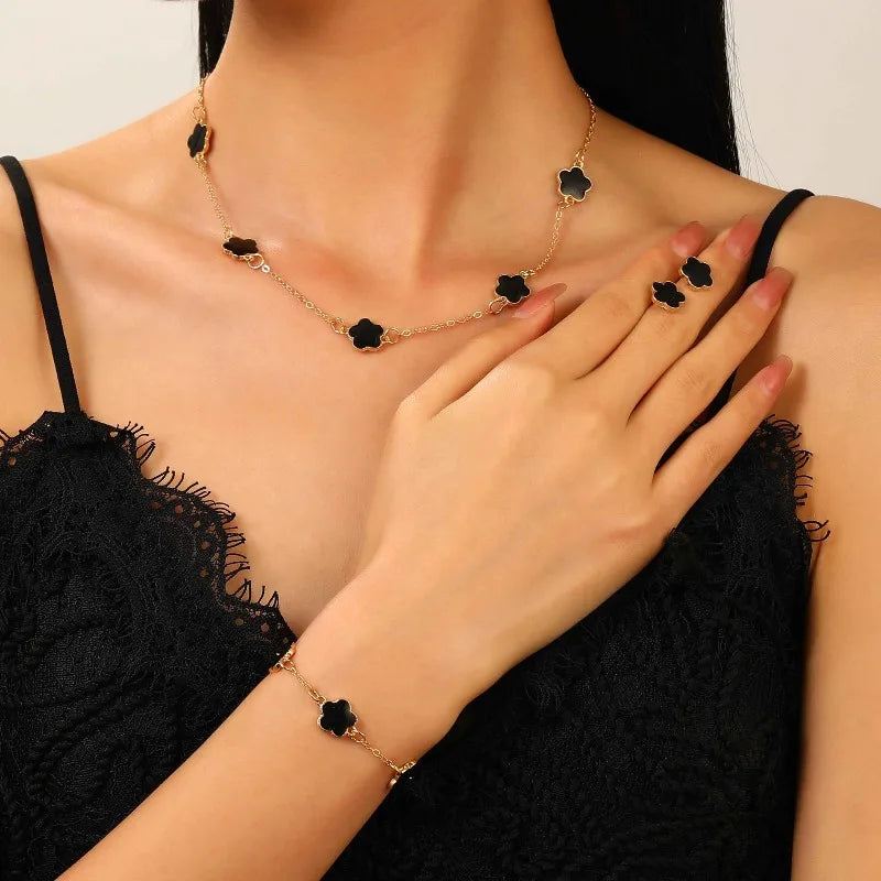 Conjunto de 3 peças de colar e pulseira com flor de cinco pétalas da sorte, conjunto de brincos para mulheres