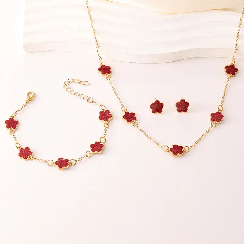 Conjunto de 3 peças de colar e pulseira com flor de cinco pétalas da sorte, conjunto de brincos para mulheres