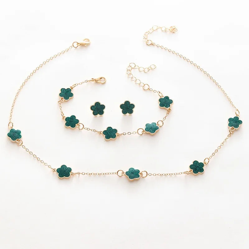 Conjunto de 3 peças de colar e pulseira com flor de cinco pétalas da sorte, conjunto de brincos para mulheres