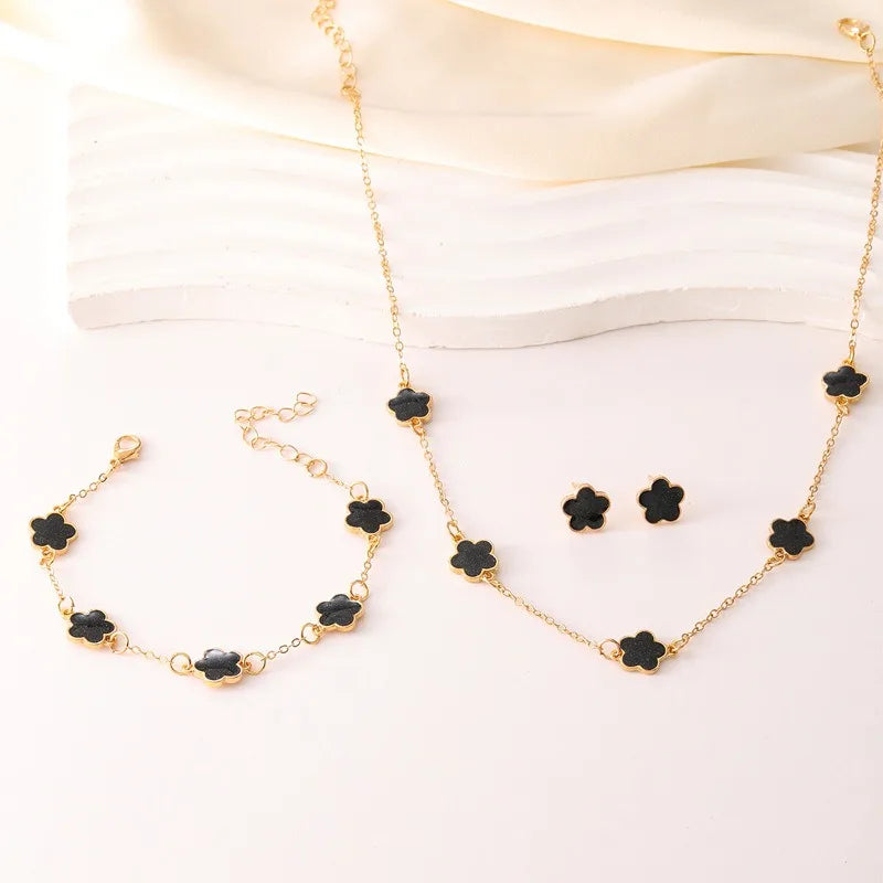 Conjunto de 3 peças de colar e pulseira com flor de cinco pétalas da sorte, conjunto de brincos para mulheres