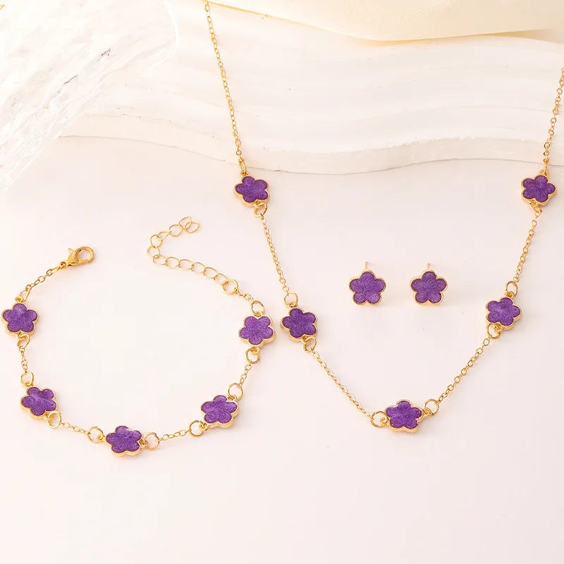 Conjunto de 3 peças de colar e pulseira com flor de cinco pétalas da sorte, conjunto de brincos para mulheres