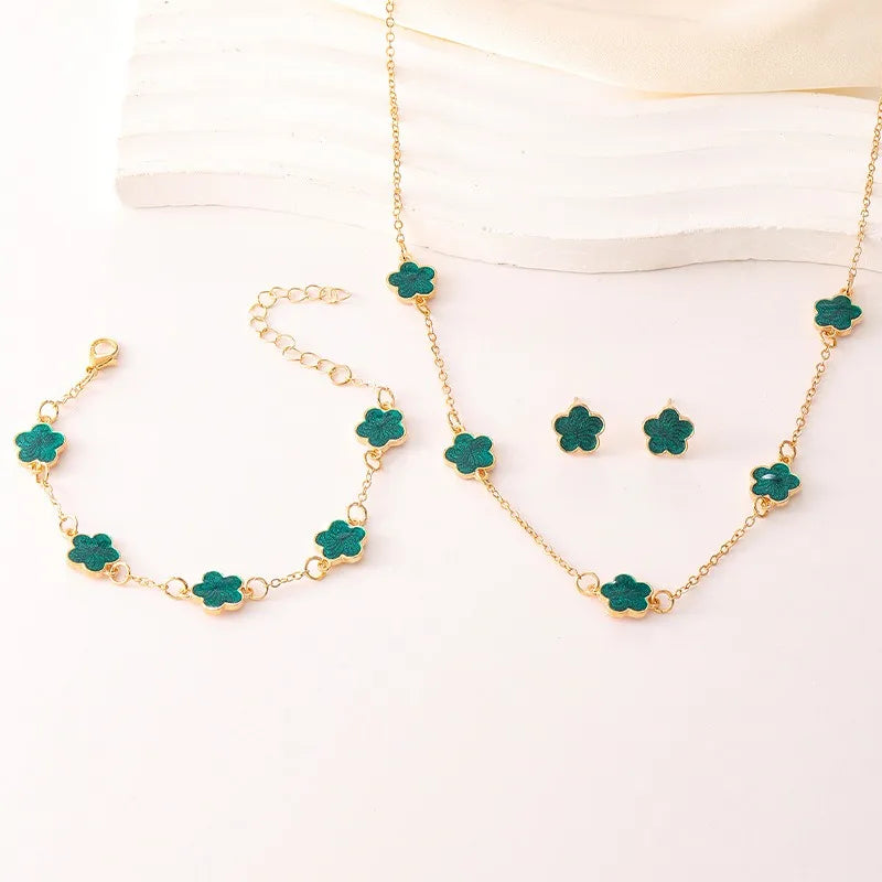 Conjunto de 3 peças de colar e pulseira com flor de cinco pétalas da sorte, conjunto de brincos para mulheres