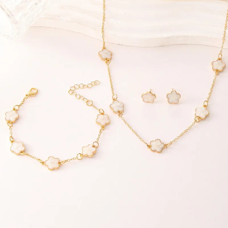 Conjunto de 3 peças de colar e pulseira com flor de cinco pétalas da sorte, conjunto de brincos para mulheres
