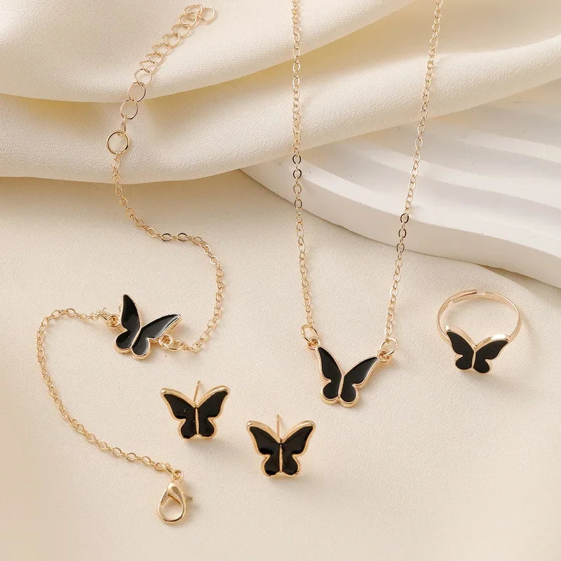 Conjunto de 4 peças de joias requintadas com pingente de borboleta esmaltado feminino