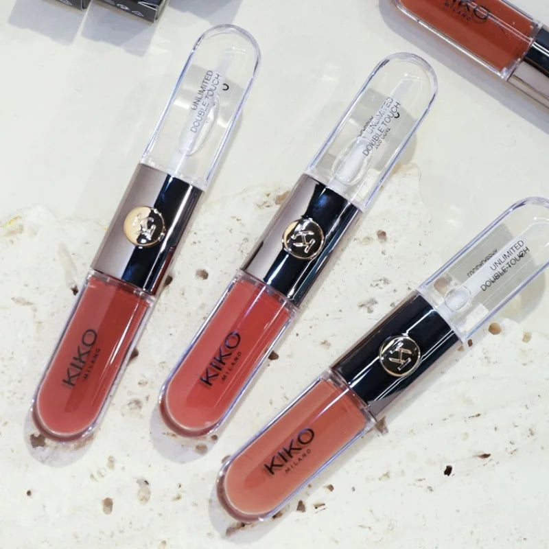 Batom Hot Kiko com duas pontas, brilho labial transparente e espelhado