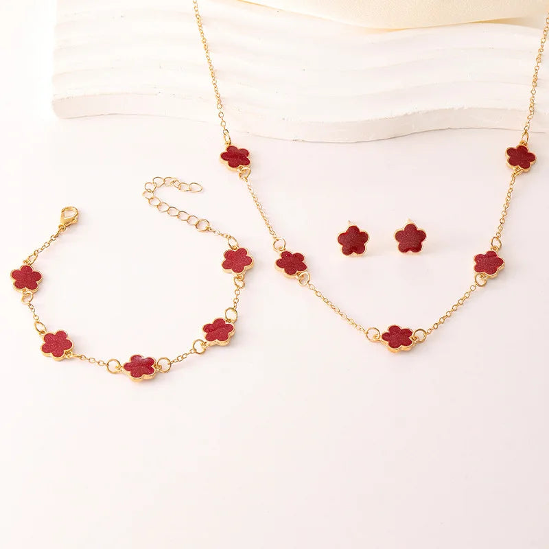 Conjunto de 3 peças de colar e pulseira com flor de cinco pétalas da sorte, conjunto de brincos para mulheres