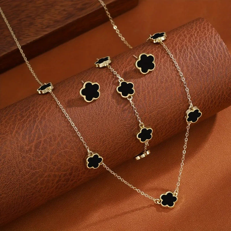 Conjunto de 3 peças de colar e pulseira com flor de cinco pétalas da sorte, conjunto de brincos para mulheres