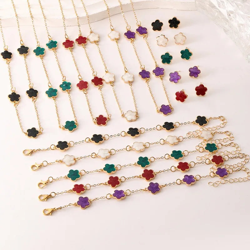 Conjunto de 3 peças de colar e pulseira com flor de cinco pétalas da sorte, conjunto de brincos para mulheres