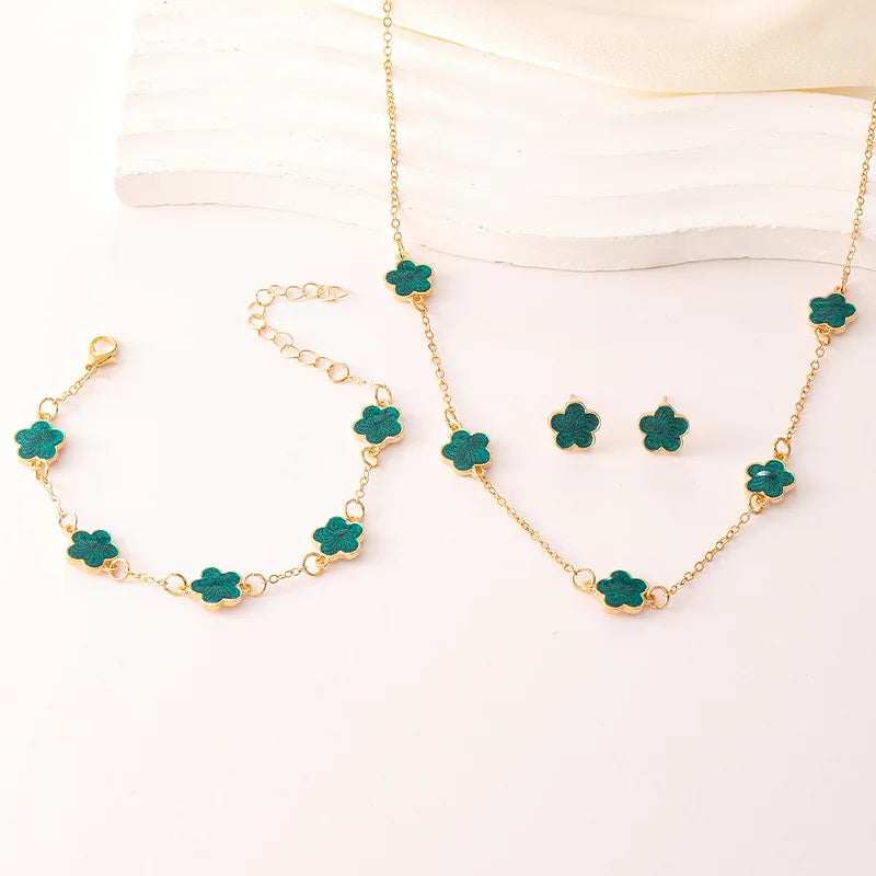 Conjunto de 3 peças de colar e pulseira com flor de cinco pétalas da sorte, conjunto de brincos para mulheres