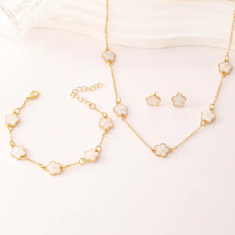 Conjunto de 3 peças de colar e pulseira com flor de cinco pétalas da sorte, conjunto de brincos para mulheres