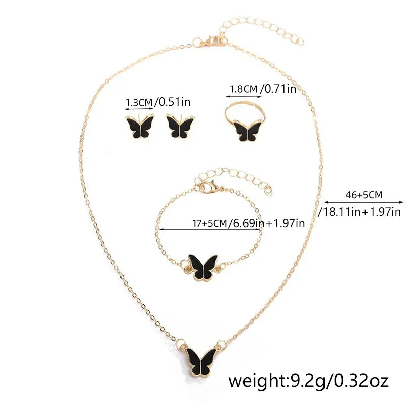 Conjunto de 4 peças de joias requintadas com pingente de borboleta esmaltado feminino